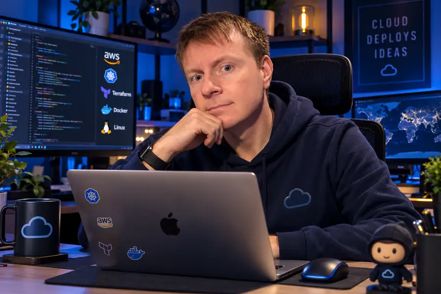 Alex at a laptop, with glowing cloud systems and DevOps technology illustrations